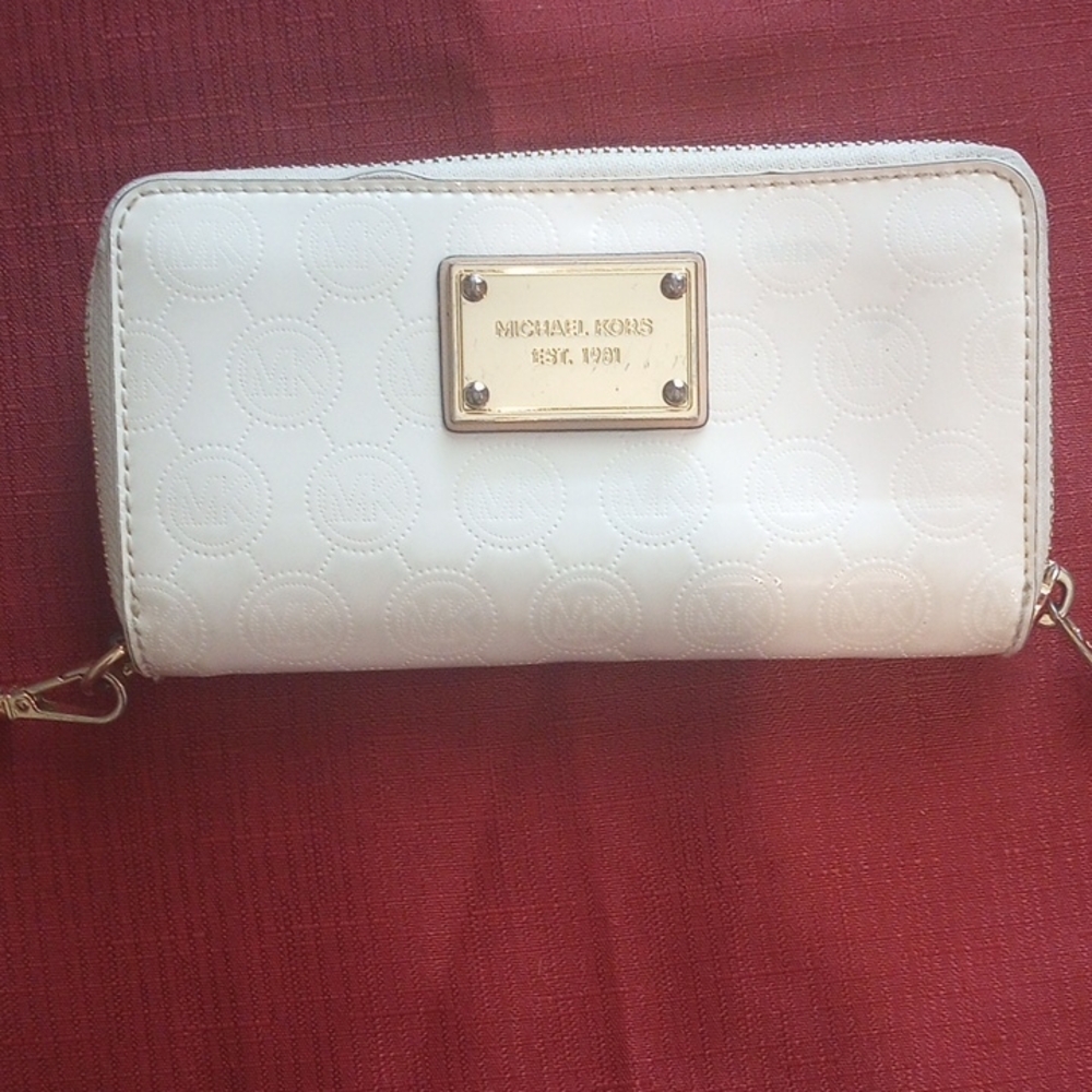 Michael Kors White Mk Logo Zipper Wallet Clutch with Gold Accents